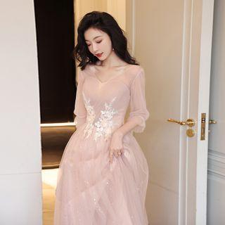 Puff-sleeve Floral Embroidered A-line Bridesmaid Dress (various Designs)
