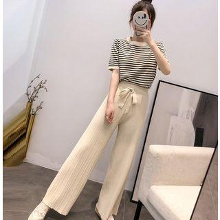 Set: Striped Short-sleeve Knit Top + Straight Fit Pants