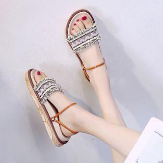 Patterned Frayed Slide Platform Sandals