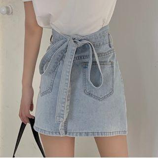 Tie-strap Denim Mini A-line Skirt / Blouse With Necktie