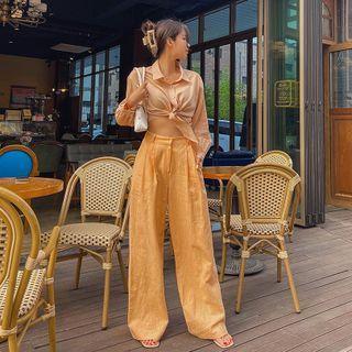 Padded-shoulder Knotted Cropped Shirt
