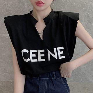 Sleeveless Shoulder-padded Lettering Print Top