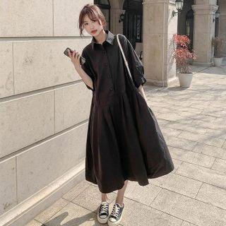 Elbow-sleeve Oversized Midi Shirt Dress