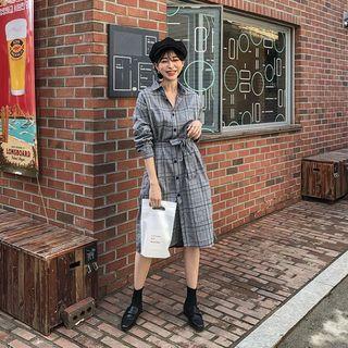 Slit-side Midi Plaid Shirtdress With Sash One Size