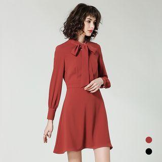 Long-sleeve Tie-neck A-line Dress