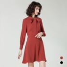 Long-sleeve Tie-neck A-line Dress