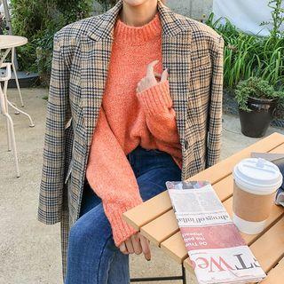 Plaid Wool Blend Blazer With Sash