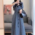 Short-sleeve Patterned Bow Accent Midi A-line Dress