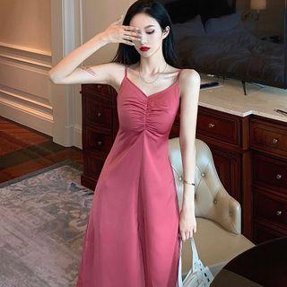 Spaghetti Strap Shirred Slit Midi A-line Dress