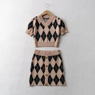 Set: Short-sleeve Argyle Knit Top + Mini Pencil Skirt