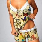 Set: Butterfly Print V-neck Camisole + Butterfly Print Shorts
