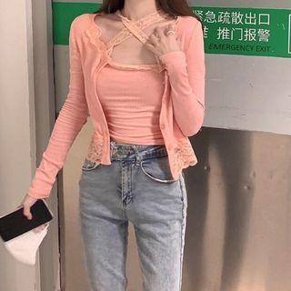 Lace Strap Halter Camisole Top / Cardigan