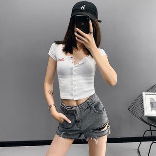 Button-down Embroidered Crop T-shirt