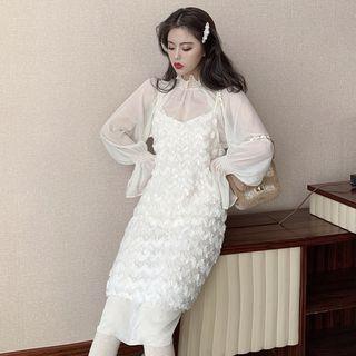 Bell-sleeve Chiffon Top / Spaghetti Strap Midi Furry Dress