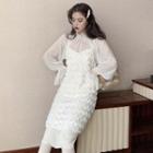 Bell-sleeve Chiffon Top / Spaghetti Strap Midi Furry Dress