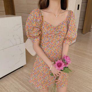 Floral Puff-sleeve Shirred Mini A-line Dress