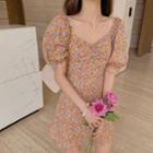 Floral Puff-sleeve Shirred Mini A-line Dress