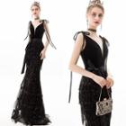 Deep V Sequined Fringed Mermaid Evening Gown