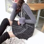 Set: Plain Furry Long-sleeve Slim-fit Knit Top / Tweed Sleeveless Dress As Figure - One Size