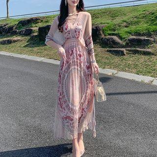 Elbow-sleeve Print Chiffon Midi Dress