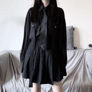 Plain Shirt With Neck Tie / Pleated A-line Skirt