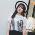 Mock Two Piece Sequined Striped Panel Short Sleeve T-shirt