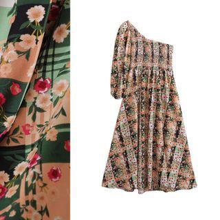 Long-sleeve One-shoulder Floral Midi A-line Dress