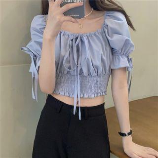 Puff-sleeve Tie-front Shirred Crop Top