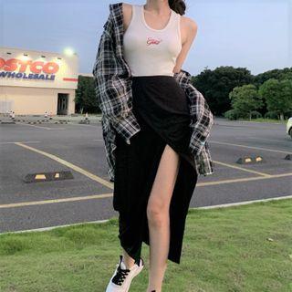 Plaid Shirt / Lettering Print Tank Top / Slit-hem Midi Pencil Skirt
