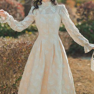 Set: Long-sleeve Mock-neck Lace Top + Midi Overall Dress