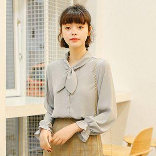 Long-sleeved Loose-fit Chiffon Plain Bow Blouse