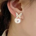Rhinestone Butterfly Faux Pearl Earring 1 Pair - Gold - One Size