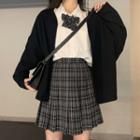 Long-sleeve Plain Shirt / Plaid Mini A-line Skirt / Cardigan / Bow Tie
