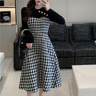 Mock Two-piece Houndstooth Panel Midi A-line Dress