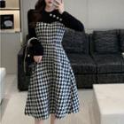 Mock Two-piece Houndstooth Panel Midi A-line Dress