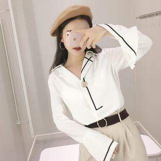 Color-block V-neck Long-sleeve Shirt