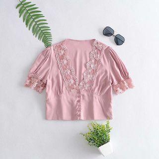 Elbow-sleeve Lace Trim Crop Top