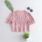 Elbow-sleeve Lace Trim Crop Top
