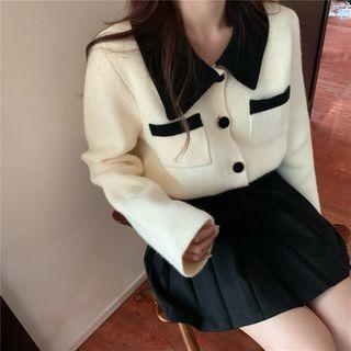 Two Tone Collared Cardigan / Pleated Mini Skirt