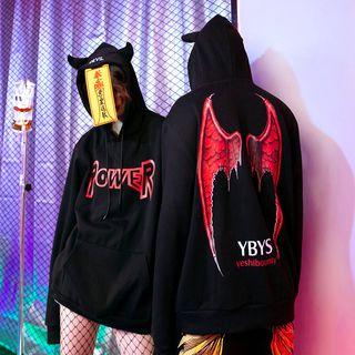 Couple Matching Wing Print Lettering Hoodie