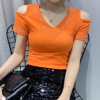 Short-sleeve Cold Shoulder Rhinestone Top