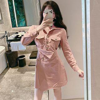 Long-sleeve Asymmetrical Mini A-line Shirtdress