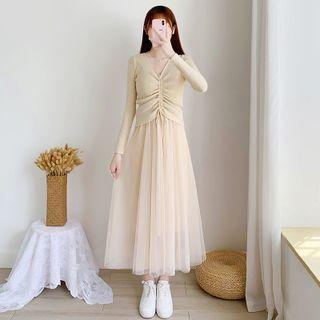 Long-sleeve Drawstring Knit Top / Sleeveless Mesh A-line Dress / Set