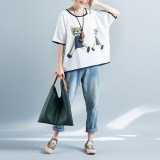 3/4-sleeve Linen Print T-shirt