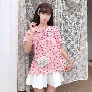 Strawberry Print Tie-neck Short-sleeve Blouse
