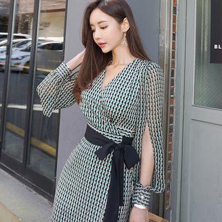 Printed V-neck Long-sleeve Midi Chiffon Dress