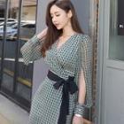 Printed V-neck Long-sleeve Midi Chiffon Dress