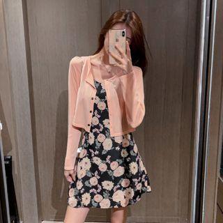 Spaghetti-strap Floral Print Mini A-line Dress / Cardigan