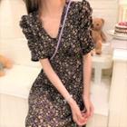 Short-sleeve Floral Print Mini A-line Dress Purple Floral - Black - One Size