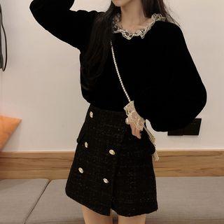 Lace Trim Velvet Blouse / Double-breasted Tweed Mini A-line Skirt
